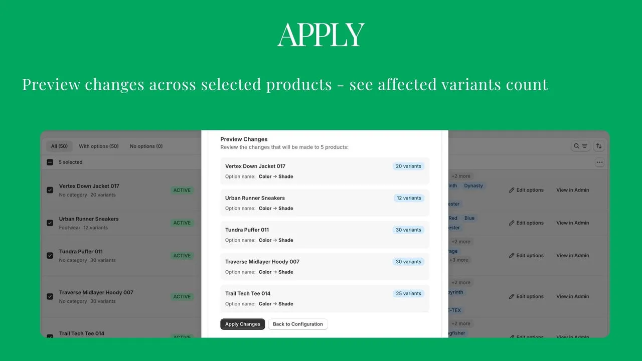 Bulk Variant Editor configuring an option rename with a preview of affected products