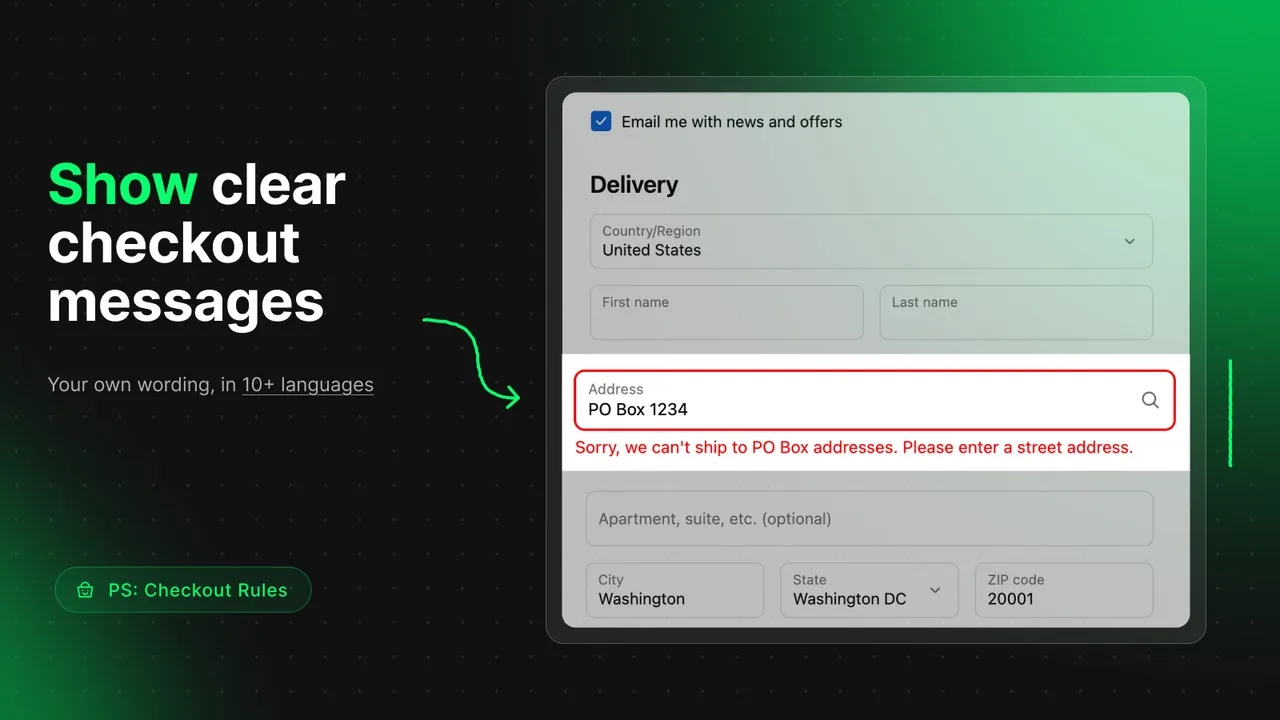 Shopify checkout blocking a PO Box address with a custom validation message